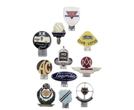 Eleven car club badges for British marques,comprising eight enamelled badges for Alvis Owners Club, Aston Martin Owners Club,