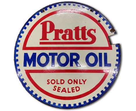A Pratt's motor oil enamel sign, 1930s,double-sided, hanging type, red and blue on white, 66cm diameter, (one section of edge