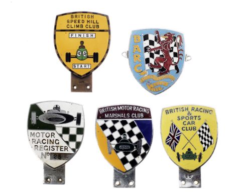 Five British racing enamel shield badges,comprising BARC by W.O.Lewis Ltd of Birmingham, numbered GL1470, British Racing &amp