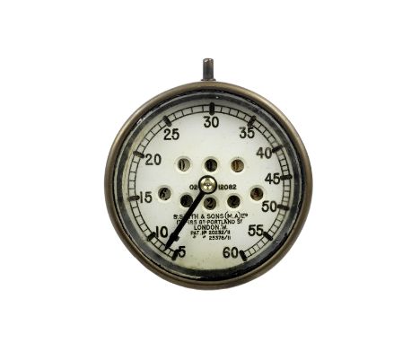A 60mph speedometer by Smith &amp; Sons of Gt Portland St, London, patented 1911,brass case, the cream dial with milometer an