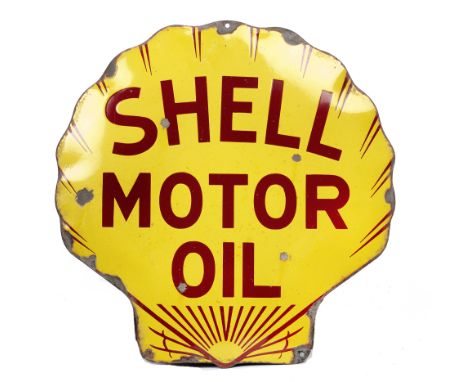 A 'Shell Motor Oil' shell-shaped enamel sign,single-sided, in red on yellow enamel, some small spots of loss to enamel and ed