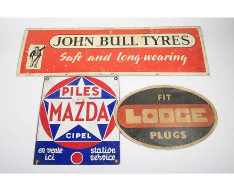 Three advertising signs,comprising single-sided enamel Piles-Mazda, in red, white and blue, 41.4 x 35cm; and two single-sided