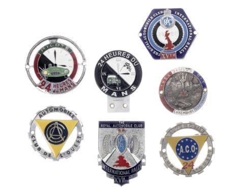 Seven racing and rallying car badges including Le Mans Pilote,four enamel, comprising circa 1950 24 Heures du Mans Pilote ste