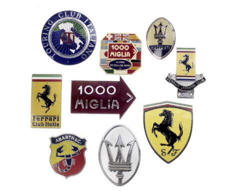 Nine Italian marque, race and club car badges,comprising enamelled Ferrari shield, Ferrari Club Italia, Ferrari Owners Club, 