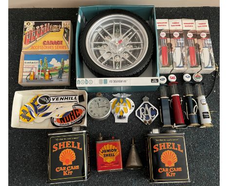 Assorted Automobilia,including Shell Junior tin; two Shell Car care kits; a small oiler; a garage clock; eight model 'gas' pu