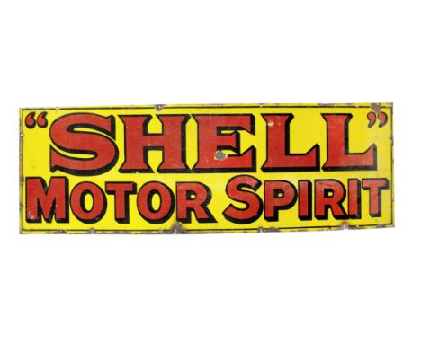 A Shell Motor Spirit enamel sign,single-sided in red, black and yellow, 46 x 138cm, some loss and rusting in places. This lot