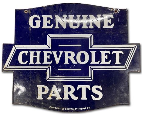A Chevrolet Genuine Parts enamel sign,hanging type, double sided, in white on blue, shaped, 50 x 61cm. For further informatio