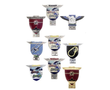 Nine replica Brooklands enamel car badges,six by Toye Kenning &amp; Spencer comprising Brooklands 130Mph, Brooklands 120Mph, 