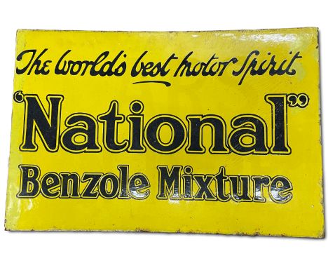 A National Benzole Mixture enamel sign,double-sided, flange mounted, in black on yellow, some repainting, 38 x 57cm. For furt