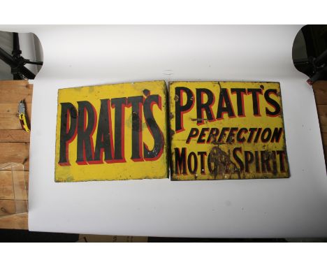 Three Pratt's Motor Spirit enamel advertising signs,comprising Pratt's a double-sided flange-mounted enamel in red and black 