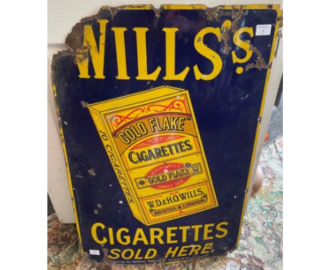 A 'Wills Gold Flake Cigarettes' enamel sign,single-sided, 91 x 61cm, some chips to enamel with loss and rusting with metal lo