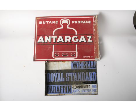 Two flange-mounted double-sided enamel signs,comprising Royal Standard Paraffin 35.5 x 45.5cm and Antargaz 45.5 x 60cm, each 