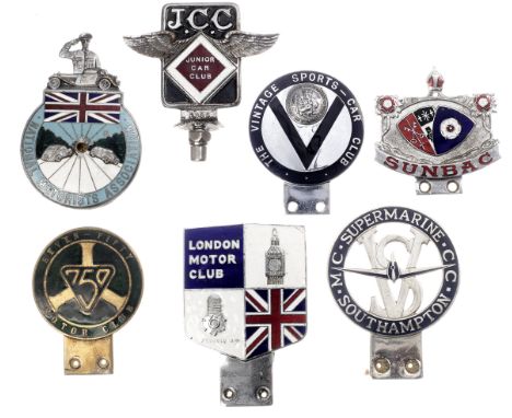 Seven British enamel car club badges,comprising National Motorists Association, numbered 3606 (drilled centre), Vintage Sport