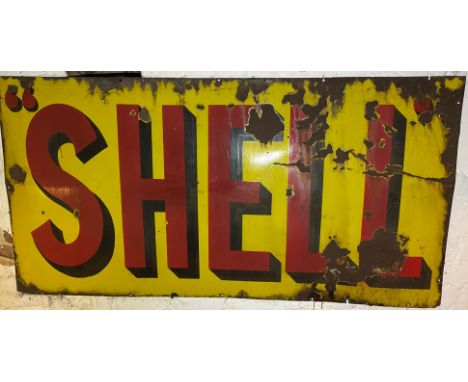 A large Shell enamel sign,single-sided, in red and black on yellow, weathered with rusting and some loss to enamel. This lot 