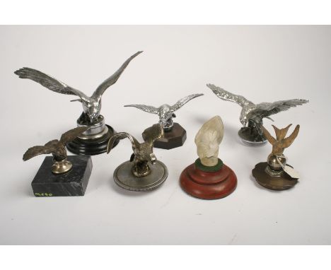 Seven Bird mascots,comprising two large chromed Eagles, 27cm and 25cm wingspan, a nickel-plated Owl in flight, 12.5cm wingspa