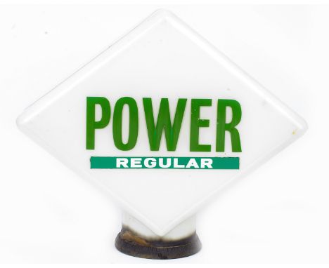 A 'Power' diamond-shaped glass petrol pump globe,by Hailware, lettering in green, applied with 'Regular' sticker to each side