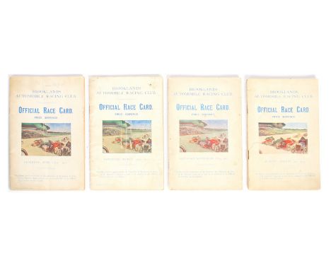 Four Brooklands Official Race Cards for 1910, 1911, 1912 &amp; 1914,some light staining, 1910 issue hand annotated 'Timekeepe