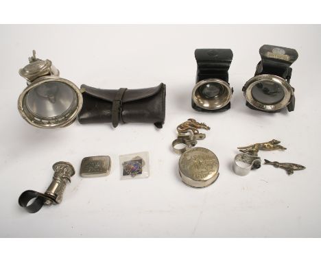 Assorted cycle lamps and cycling collectables,comprising Riemann's Phaenomen acetylene front lamp; Powell &amp; Hanmer Demon 