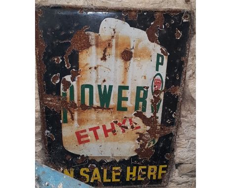 A Power Ethyl On Sale Here enamel sign,five colour, single sided, 107 x 77cm, weathered with some chips, loss and rusting. Th