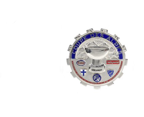 David Seigle Morris's 'Coupe De Alpes' rally enamel competitors badge, 1960s,chromed cog-shaped badge, with enamelling in red