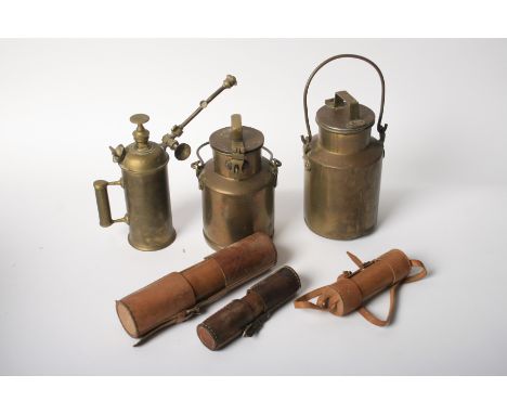 Three brass collapsible telescopes, two canteens and a spray pump,one telescope by I H Steward of 406 457 Strand 7 Gracechurc