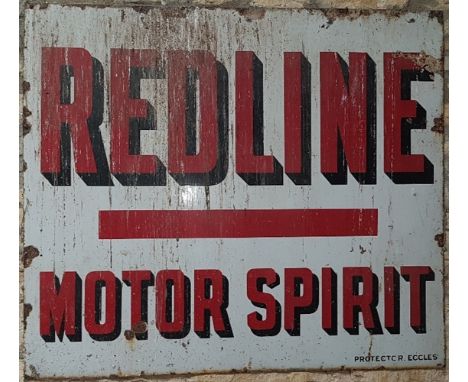 A Redline Motor Spirit enamel sign,in red and black on white, single sided, 91 x 122cm, weathered with some chips, loss and r