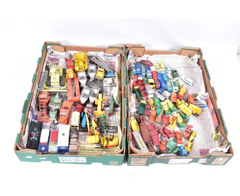 A QUANTITY OF UNBOXED AND ASSORTED PLAYWORN DIECAST VEHICLES, to include Matchbox Jaguar XK140, No.32 with red body and grey 