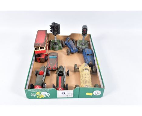 A QUANTITY OF UNBOXED AND ASSORTED PLAYWORN DIECAST &amp; TINPLATE MODELS, to include Schuco Studio 1050 racing car, Schuco 1