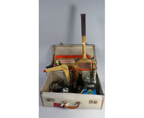 A Vintage Case Containing Collectors Bottles, Souvenir Boomerang, Vintage Tennis Racket, Hunting Knife Etc 