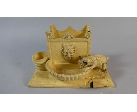 A Continental Desk Top Ceramic Smokers Stand with Circular Barrel Match Holder, Cigar Box Holder, Two Corners Glued, 20cm Wid
