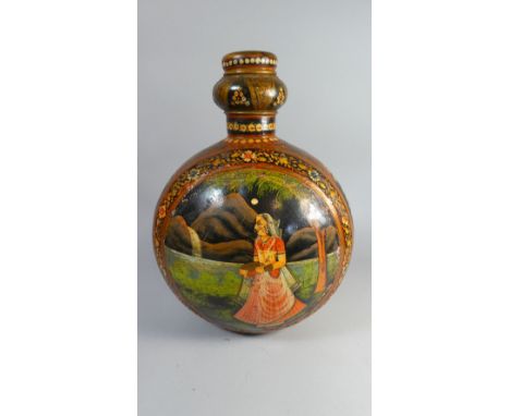 A Large Painted Indian Moon Flask Depicting Maiden with Casket by Waterfall, 42cm High 