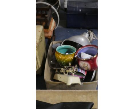 A Box of Sundries to Include Dog and Pig Ornaments, Kitchen Scales, Majolica Planter etc