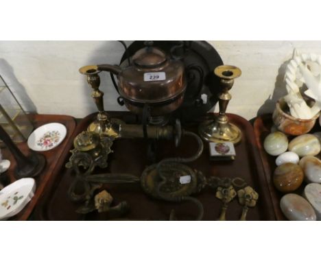 A Tray of Metalware's to Include Copper and Iron Spirit Kettle, Pair of Brass Candle Sticks, Brass Inkwell, Brass Wall Light 