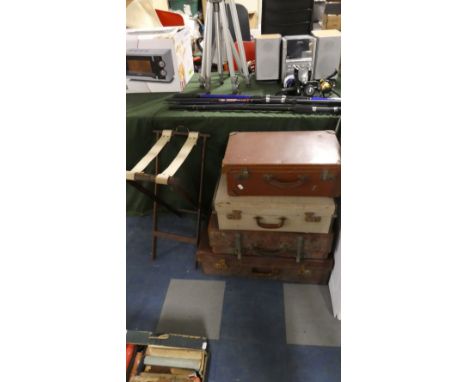 Four Vintage Suitcases and a Folding Stand