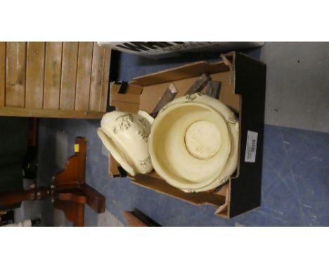 A Box Containing Two Ceramic Jardinieres and Various Hand Tools