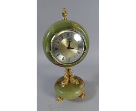 A Mid 20th Century Onyx and Gilt Brass Mantle Clock with Dolphin Supports and Feet, Battery Movement, Pineapple Finial, 31cm 