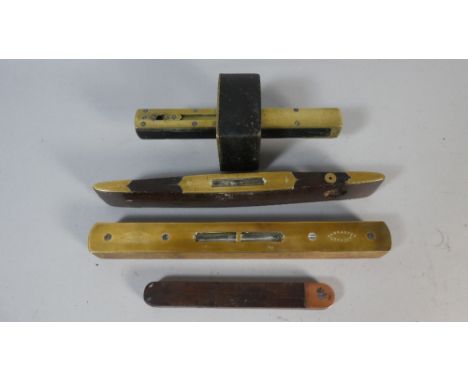A Collection of Tools to Include Brass Mounted Scribe, Two Brass Mounted Spirit Levels and Copper Bladed Square