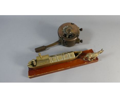 A Lister Diesel Marine Engine Throttle Together with a Brass Model of Canal Barge Pulled by Horse, 30cm Long