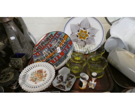 A Set of Four Edinburgh Crystal Yellow Glass Grapefruit Bowls, Poole Delphis Plate, Small Hairline to Rim, Three Ribbon Plate