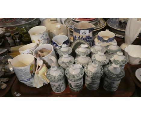 A Tray of Ceramics to Include Reproduction God Speed the Plough Mugs, Spode Archive Collection of Spice Jars, Blue and White 