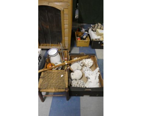 A Box Containing Fish Tank Corals, Enamelled Jug, Music Stand, Swagger and Walking Stick 
