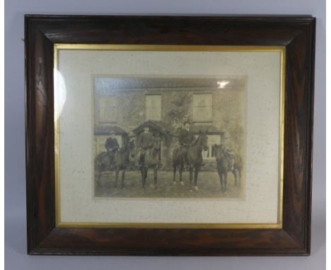 An Oak Framed Vintage Photograph Depicting Father and Three Sons on Horse and Ponies Before House, 39cm Wide 