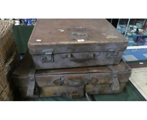 Two Vintage Leather Suitcases with Various Labels, Both Monogrammed H C S 