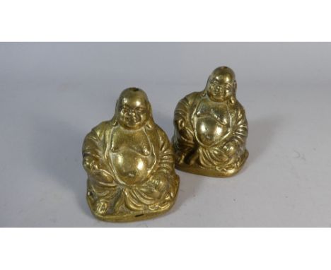 A Pair of Oriental Brass Seated Buddhas, Possibly Incense Stick Holders, Each 10cm High 