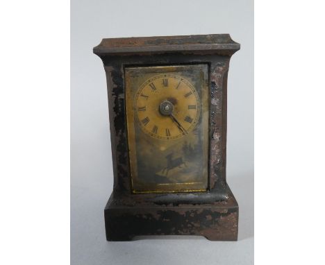 A 19th Century Metal Cased MIniature Mantle Clock Decorated with Running Deer, for Restoration, 10cm High 
