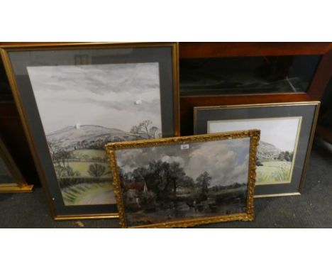 Two Framed Watercolours and a Haywain Print 