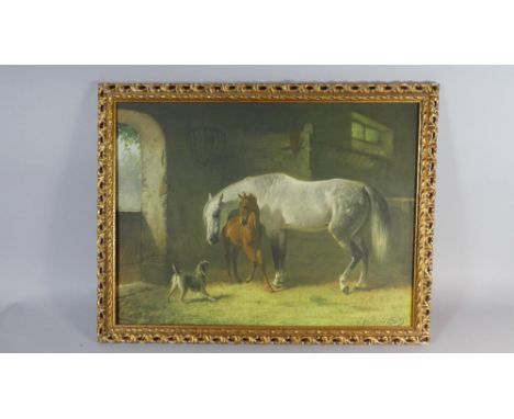A Framed Print Depicting Mare, Foal and Dog In Stable, After Volkers, 60cm Wide