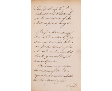 NO RESERVE American Revolution.- Repeal of the Stamp Act.- Pitt (William, first Earl of Chatham [known as Pitt the elder], pr