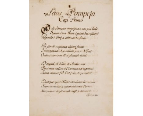 NO RESERVE Italian poem.- Silva (Luigi) Laus Pompeia, manuscript in Italian signed, 27pp., on thick paper, calligraphic dedic