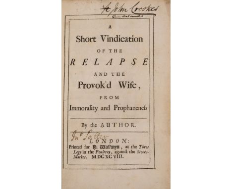 NO RESERVE [Vanbrugh (Sir John)] A Short Vindication of the Relapse and the Provok'd Wife, from Immorality and Prophaneness, 